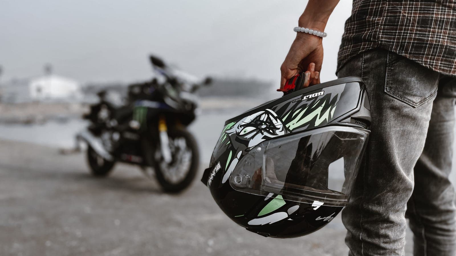 Motorcycle helmet being cleaned and maintained